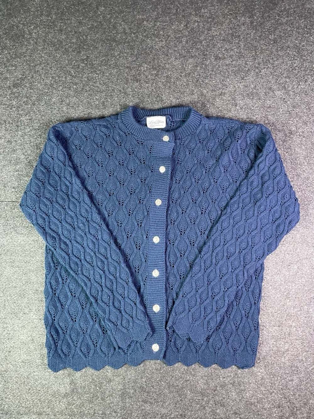 Lady Blair Vintage Blue Pointelle Knit Scallop Hem Cardigan Sweater